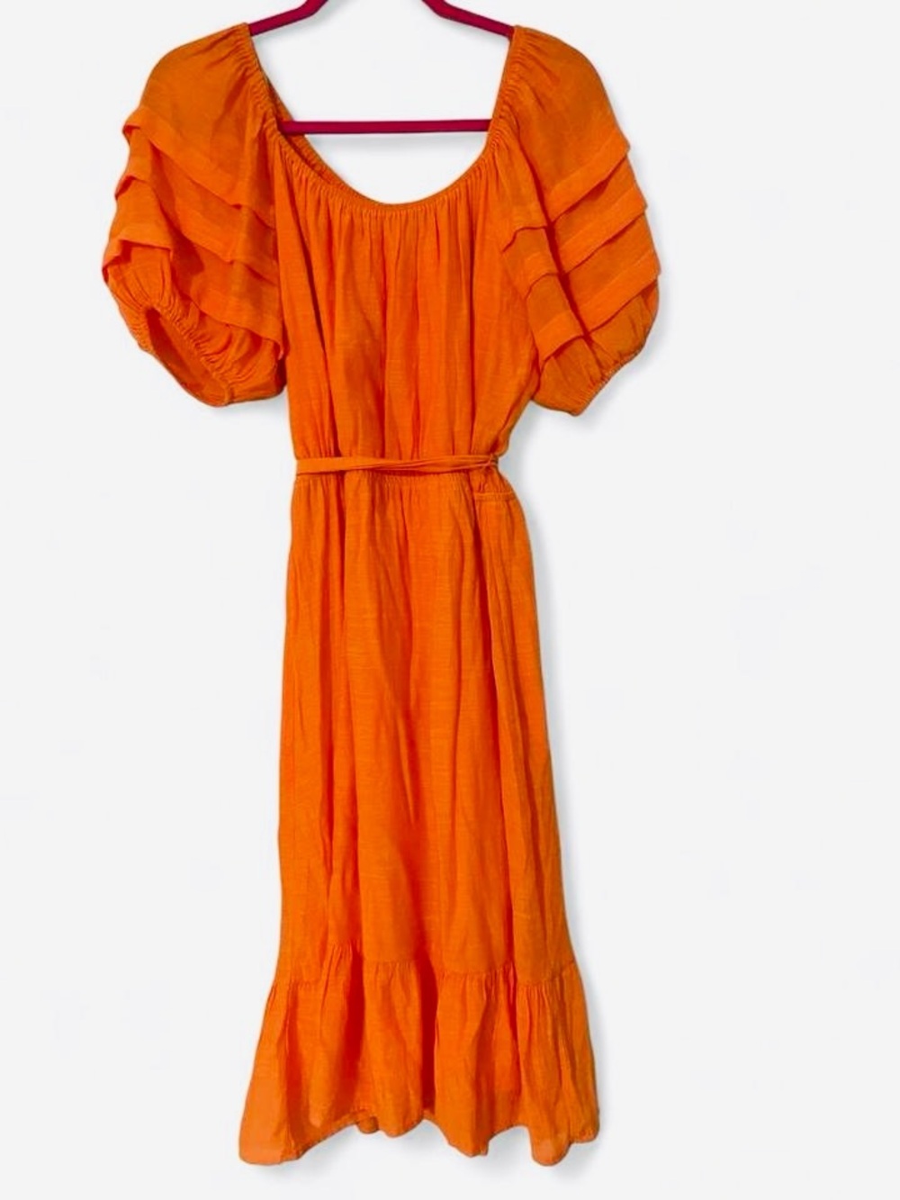 Luxology Vibrant Orange Tiered Puff Sleeve Midi Dress M Tie Waist Cottagecore